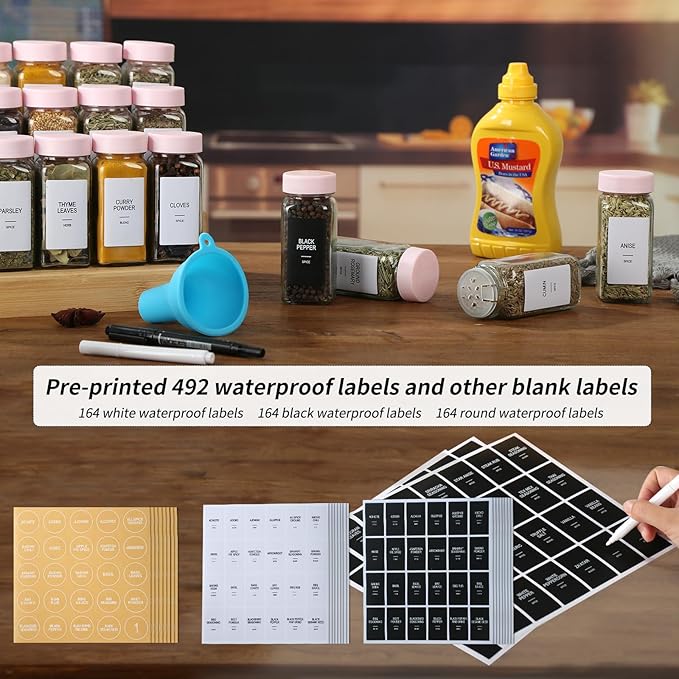 24 Glass Spice Jars with Labels, Spice Jar Set, 4oz Seasoning Containers, Spice Containers with Pink Airtight Lids and Shaker Lids, Square Empty Spice Bottles, 492 Labels, 1 Funnel