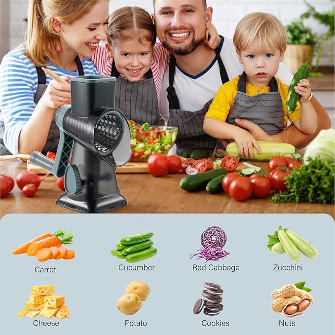 Rotary Cheese Grater hand crank, 3 Blades Cheese shredder with Stronger Suction Base | Stainless Steel Blades for Fruits, Vegetables, Nuts. Easy to Clean, Transparent Black & Blue
