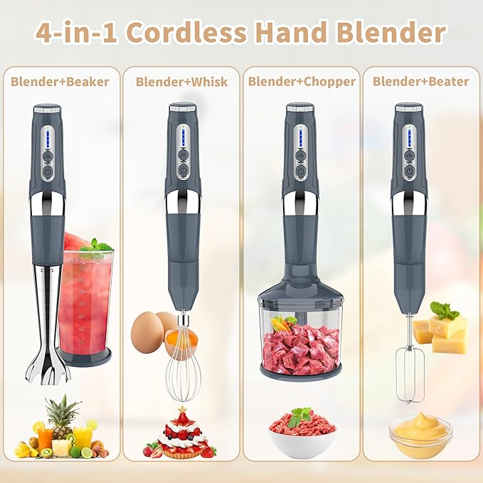 Toogel Cordless Immersion Blender, 4-in-1 Electric Hand Blender with 21-Speed & 3-Angle Adjust, USB Rechargeable, BPA-Free & Dishwasher Safe for Baby Food, Smoothies, Soup (Grey)