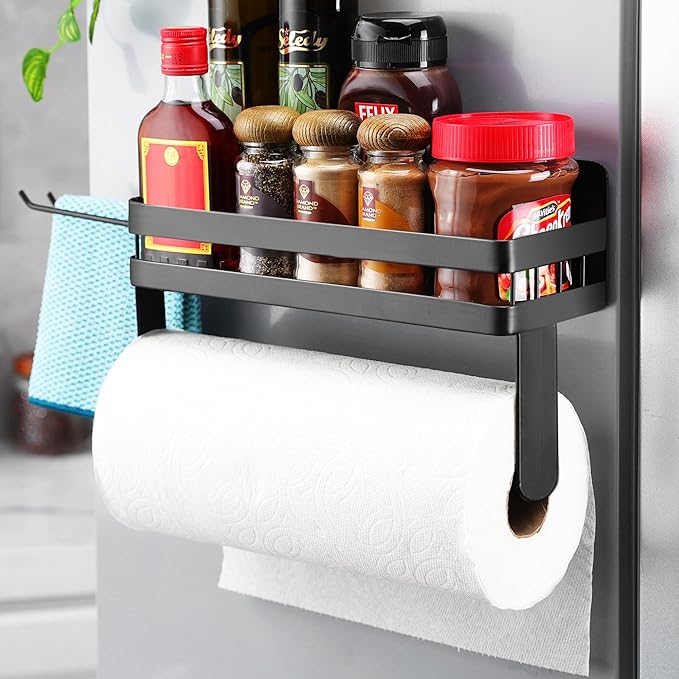 DELITON Magnetic Paper Towel Holder for Fridge - Black Paper Towel Roll Holder with Shelf for Grill Strong Magnetic Heavy Duty, Kitchen Refrigerator Organization Spice Rack with 2 Hooks No Drill