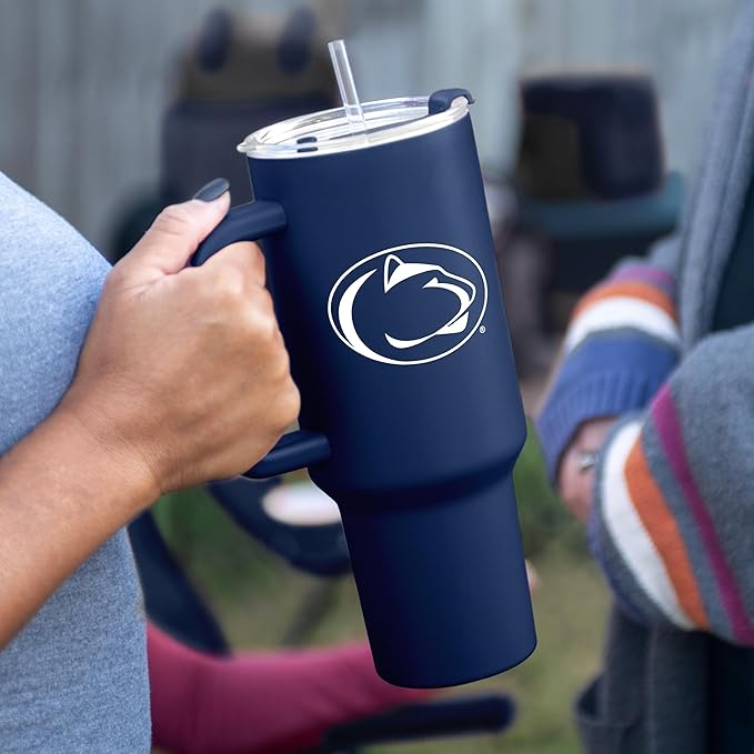 Logo Brands NCAA 40 oz Tumbler with Handle -Stainless Steel Insulated Travel Tumbler with Straw Lid – Powder Coated, Leak-Resistant, Keeps Drinks Hot/Cold – Great for Tailgating, or Everyday Use