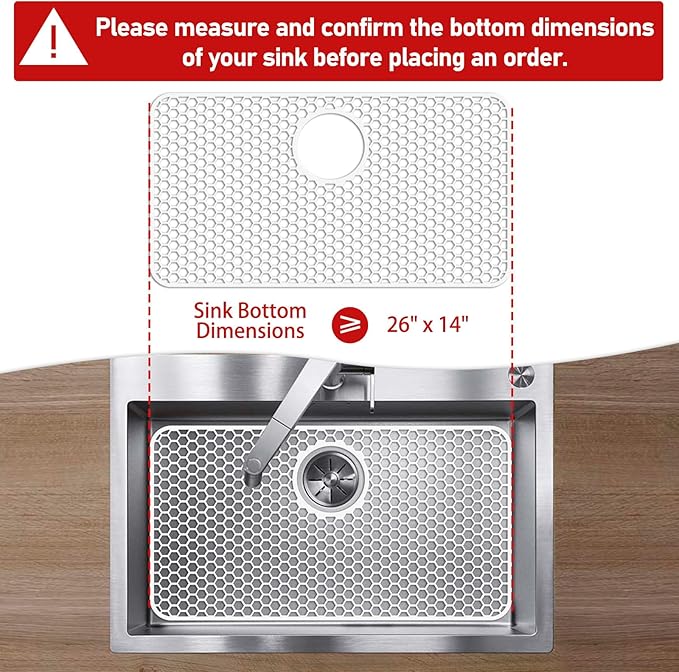 Bestjing Silicone Sink Protectors for Kitchen Sink - 26"x 14" Kitchen Protector Accessory, Non-Slip Heat Resistan Mat for Bottom of Farmhouse Stainless Steel Porcelain (Rear Drain Hole,White)
