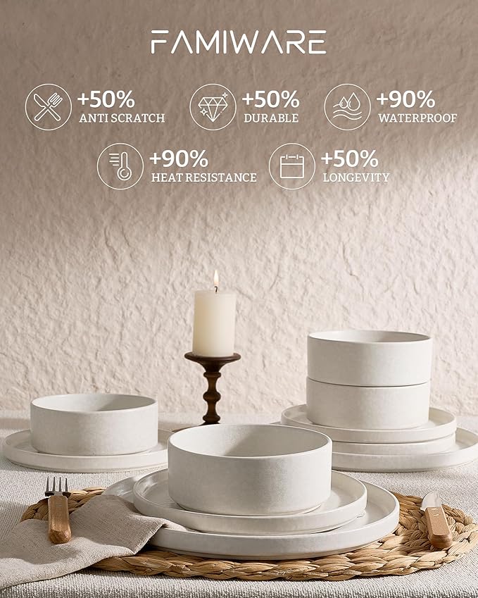 Famiware Nebula Plates and Bowls Sets, 12 Pieces Stoneware Dinnerware Sets, Reactive Glaze Dish Set, Dishes Set for 4, Matte Beige White