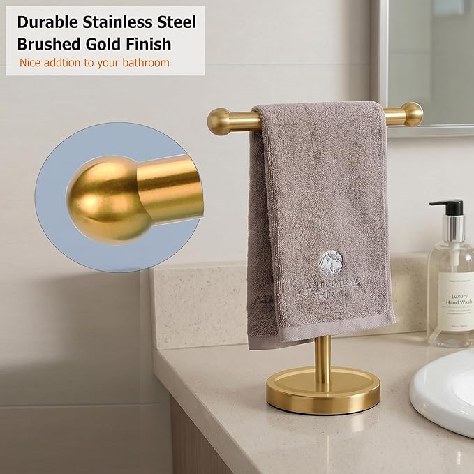 Gold Hand Towel Holder Stand with Heavy Stainless Steel Base, T-Shape Towel Rack, Free-Standing Towel Holder Countertop for Bathroom (Brushed Gold)