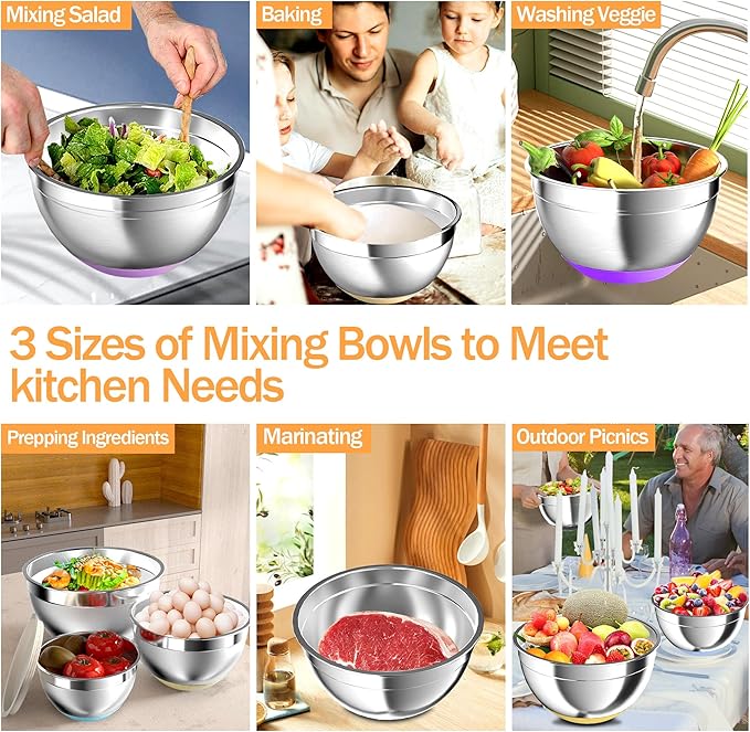 Nicdiet Mixing Bowls with Airtight Lids, Stainless Steel Mixing Bowl Set with 3 Metal Nesting Bowls, Colander & Grater, Non-Slip Bottoms, Size 1.5, 2.5, 5 QT, Great for Mixing & Serving, Mutilcolor
