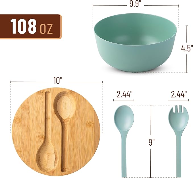 BAMBOO LAND- Large Salad Bowl with Wooden Lid, 10 Inch/108 Oz, Mint Green, Bamboo Fiber Salad Bowl with Serving Utensils, Wide Applications