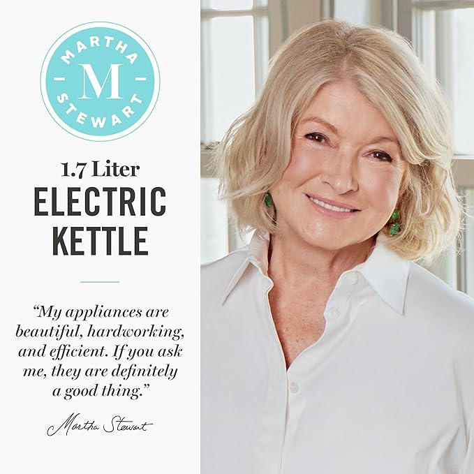 Martha Stewart  Electric Kettle with Removable Stainless Steel Tea Infuser, Glass Carafe 1.7L (7 Cups), Hot Water Boiler, 4 Presets, Keep Warm & Auto Shut-Off, Cordless 360° Swivel Base, Linen White