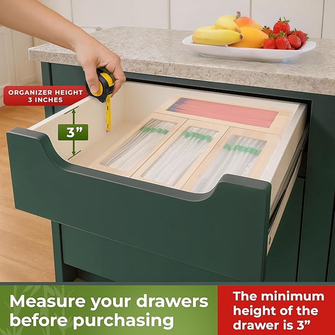 Storage Bag Organizer, Bamboo Baggie Organizer for Drawer, 4 Modular Blocks for Kitchen Organization, Plastic Bag Storage Organizer, Quick Refill - Fits Gallon, Quart, Sandwich, Snack Size Bags