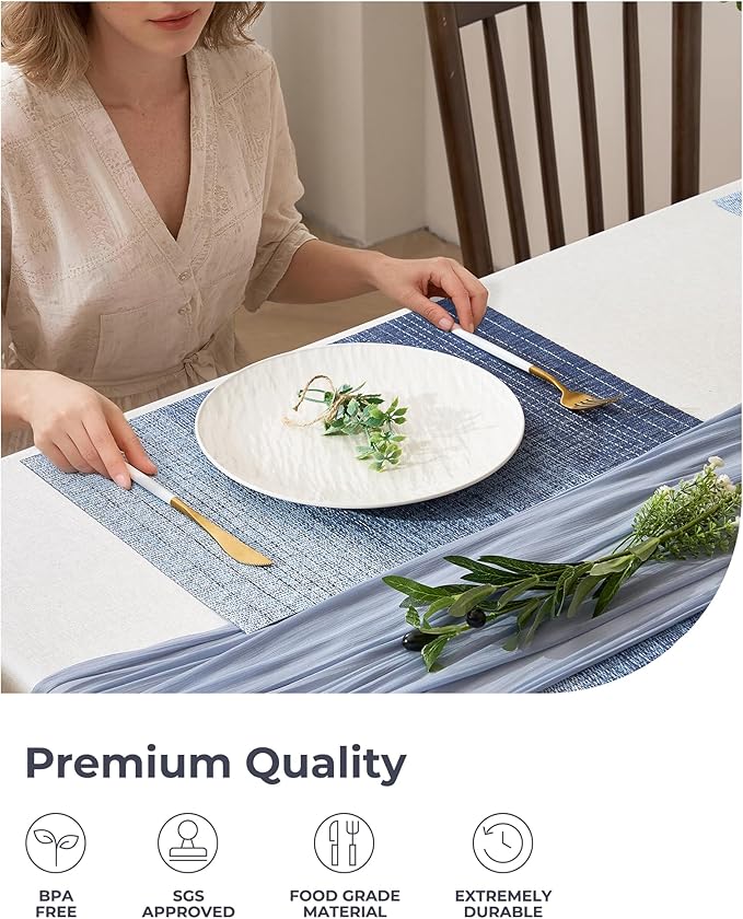 Leetaltree Gradient Blue Woven Placemats Set of 6 - Heat Resistant Non-Slip Place mats for Dining Table, Washable Durable PVC Vinyl Woven Table Mats(Gradient Blue, 6)