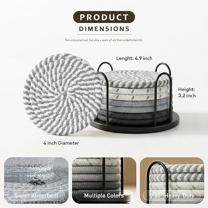 Lazebox Coasters Set of 8 for Drinks, 4 Inch Large Coasters for Coffee Table, Tabletop Protection for Hot & Cold Drinks, Versatile Coasters for Home Decor, Non-Slip & Easy to Clean
