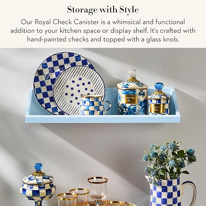 MACKENZIE-CHILDS Small Enamel Canister, Kitchen Storage Container for Flour and Sugar, 1.13 Liters, Blue-and-White Royal Check