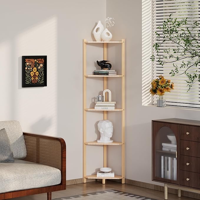Wisuce Corner Shelf, 100% Real Bamboo Shower Corner Shelves Free Standing Shelf Storage Organizer for Bathroom Living Room Kitchen (Natural, 5 Tier)