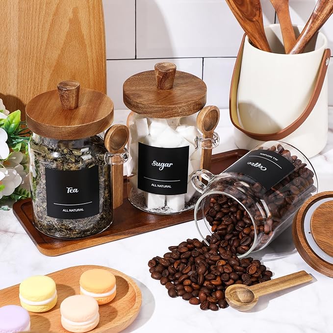 Suclain 3 Pcs Glass Coffee Container with Wooden Lid Spoon Shelf Labels Clear Airtight Jar Food Storage Canister Set for Sugar Spice Coffee Bean Holder Housewarming Gift(20 oz,Acacia Brown)
