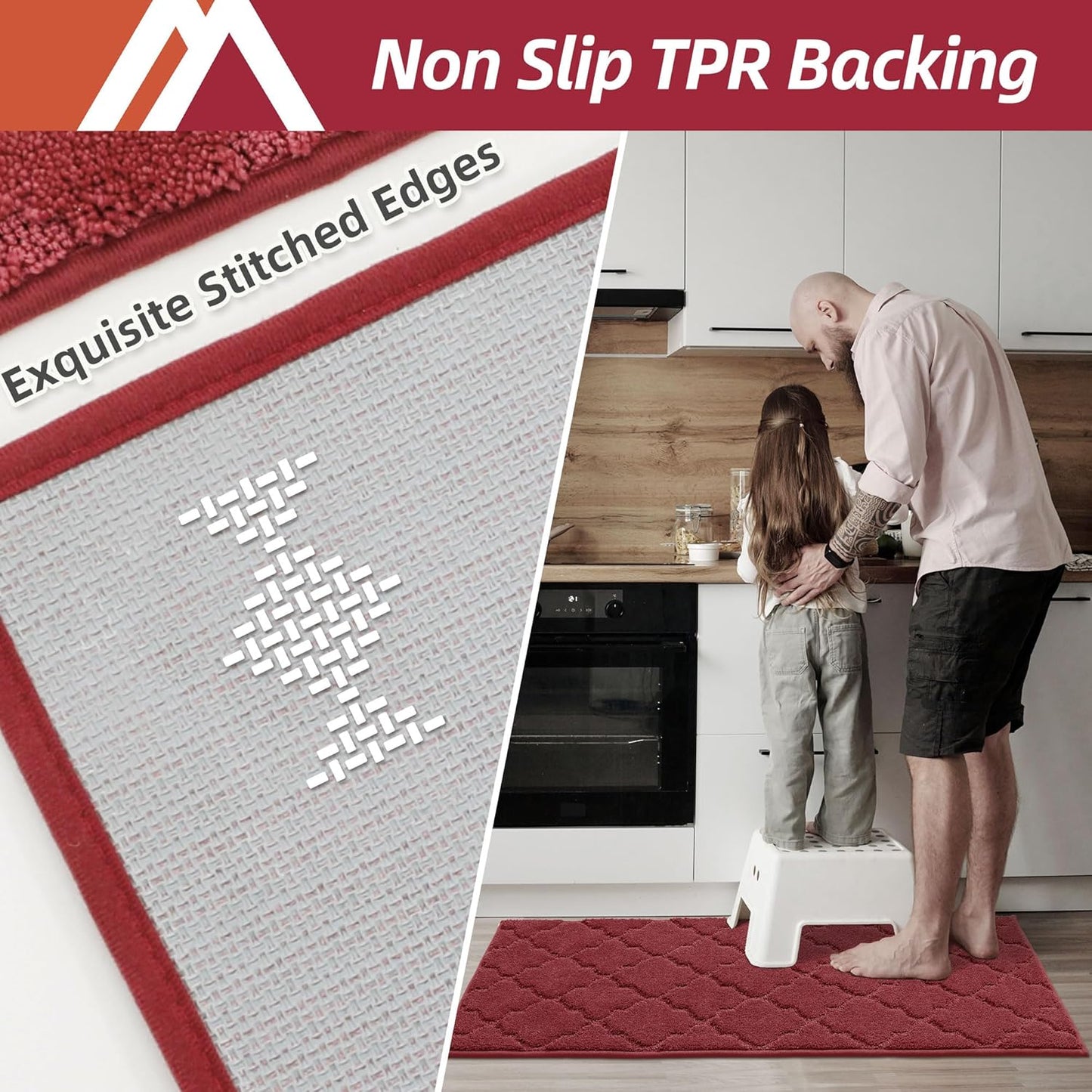 COSY HOMEER-Kitchen-Rugs-Non-Slip-Washable 24"x60" Absorbent Kitchen Runner Rug Polyester Kitchen Mats for Floor Soft Standing Floor Mats for Sink Mat,Hallway,Laundry,Red