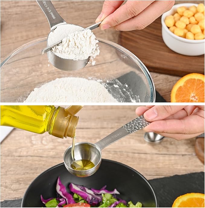 18/8 Stainless Steel Measuring Cups and Spoons set 14 for Baking & Kitchen, 5 Metric & US Measuring Cups and 6 Measuring Spoons,1 Leveler and 2 Rings for Dry & Liquid