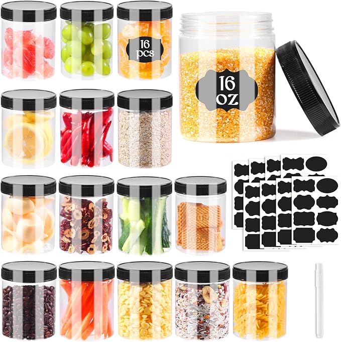 Janisfirst 16oz Clear Plastic Jars With Lids,Plastic Jars With Lids,Airtight Container Ideal For Dry Food, Peanut Butter, Honey Jam,Cream, Bathroom and Storage(set of16)