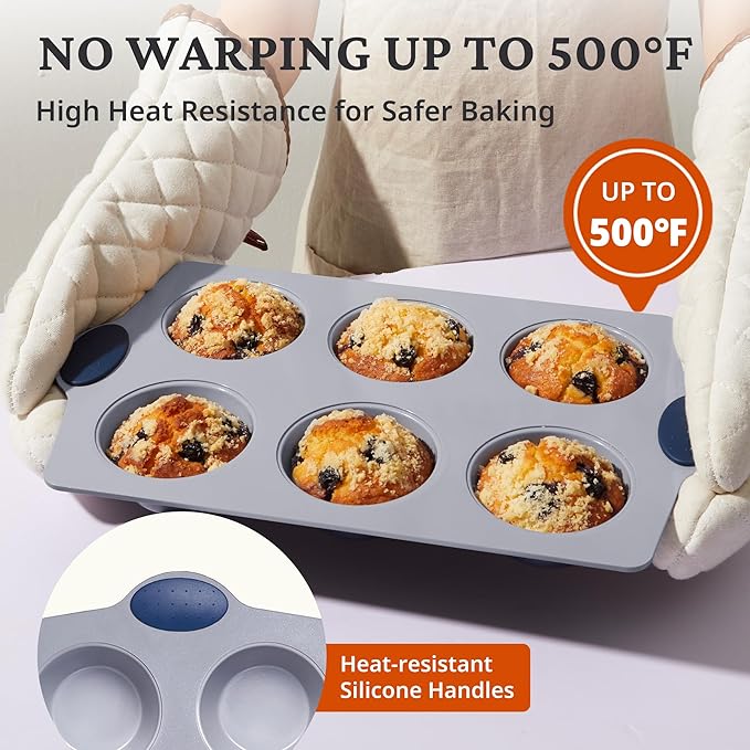 BRONYPRO 2-Pack 6-Cup Non Toxic Nonstick Ceramic Jumbo Muffin Pan & Cupcake Tin, PFOA & PFOA Free, Rust-Resistant Aluminized Steel, Oven Safe, Blue