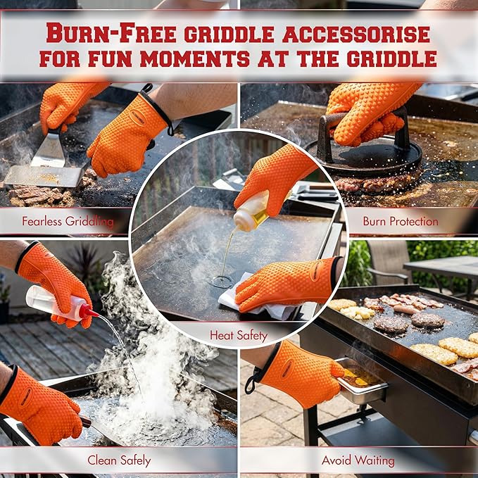 KITCHEN PERFECTION Silicone Oven & Griddle Gloves -Extreme Heat Resistant BBQ & Grilling Gloves -Handle Hot Food Right on Your Griddle |Waterproof Oven Mitts Grill Gloves |Superior Set+3 Bonuses