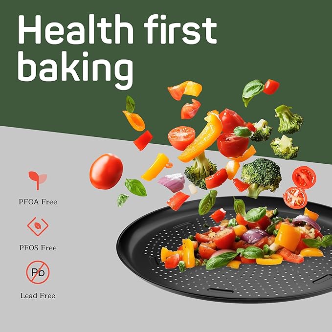 Emporio Kitchen Non-Stick Pizza Pan 2 Pack – 16 Inch Round Carbon Steel Pizza Tray with Perforated Holes, PFOAPFOSPTFE-Free, Dishwasher & Oven Safe Up To 450°F, Durable Nonstick Gray Coating