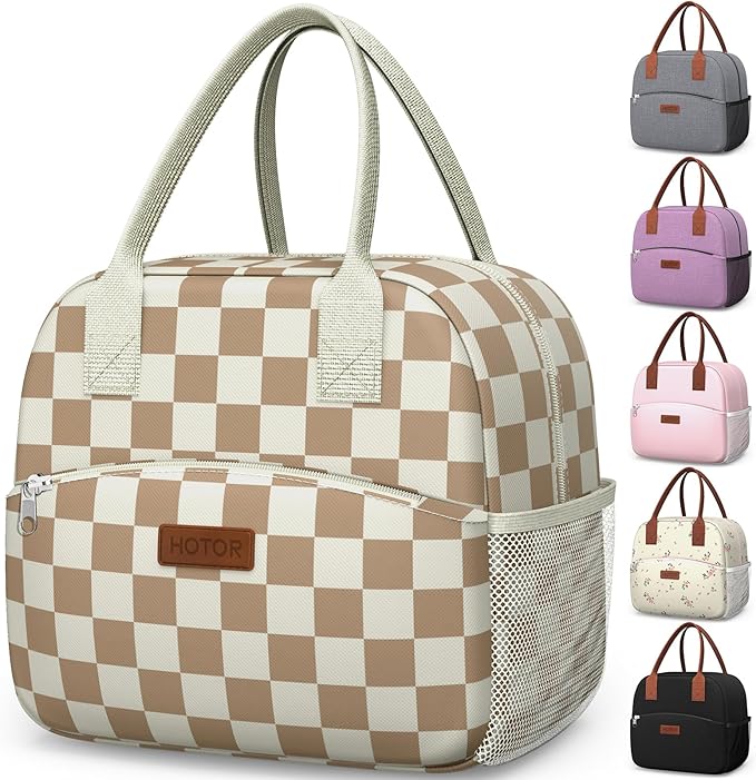 HOTOR Lunch Bag for Women & Men - Wear-Resistant Insulated Lunch Box with Large Capacity, Multi-Functional Cooler Bag for Office, Picnic, Checkered Brown, 10L,10.60" x 5.90" x 9.50"