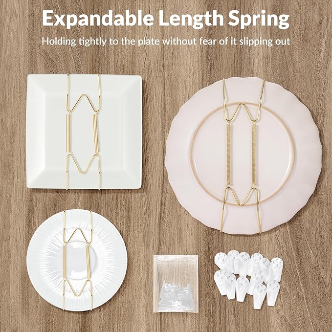 16-Pack Invisible Wall Plate Hangers, 6/8/10/12 Inch Brass Plate Holders with 20-Pack Wall Hooks