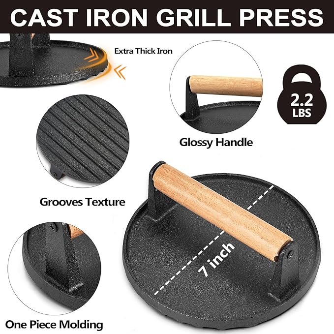 Griddle Accessories Smash Burger Kit (5Pcs), Joyfair Grill Spatula with 9in Melting Dome & Bacon Press Set, Stainless Steel Turner, Basting Cover, Cast Iron Press for Outdoor BBQ (Wooden Handle)