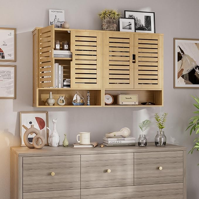 SMIBUY Bathroom Cabinet Wall Mounted, Bamboo Over-The-Toilet Storage Organizer, Space Saver Medicine Cabinet with 2 Door and Adjustable Shelves (Natural)