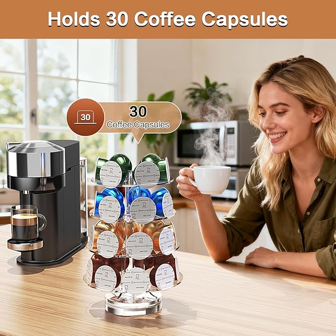 Crystal Clear Acrylic Coffee Pods Holder Carousel Compatible with 30 Keurig K-cup Pod And Nespresso Vertuo Capsuless, Space-Saving Coffee Pod Storage Organizer for Small Countertop