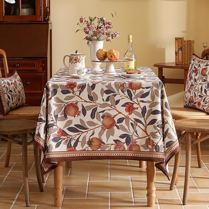 patdrea Designer Vintage Rectangle Tablecloth,Linen Pomegranates and Leaves Pattern Tablecloths,Fall Table Cover Cloth Decor for Kitchen Dining Christmas,Thanksgiving,55"x87"-Tehran a