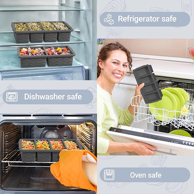 Silicone Freezer Molds for Soup with Lid, 1-Cup & 2-Cup Large Ice Cube Trays Food Storage Containers for Meal Prep, Freeze 500mL/250mL/125mL Portions – 2 Pack