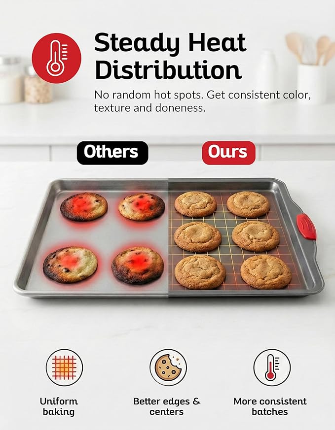 Premium Nonstick Baking Sheet Pans – Set of 3, Heavy-Gauge Carbon Steel, Warp, Dent, and Rust-Resistant – Gourmet Rimmed Half Cookie Sheet Trays, Non-Toxic for Exceptional Baking Performance