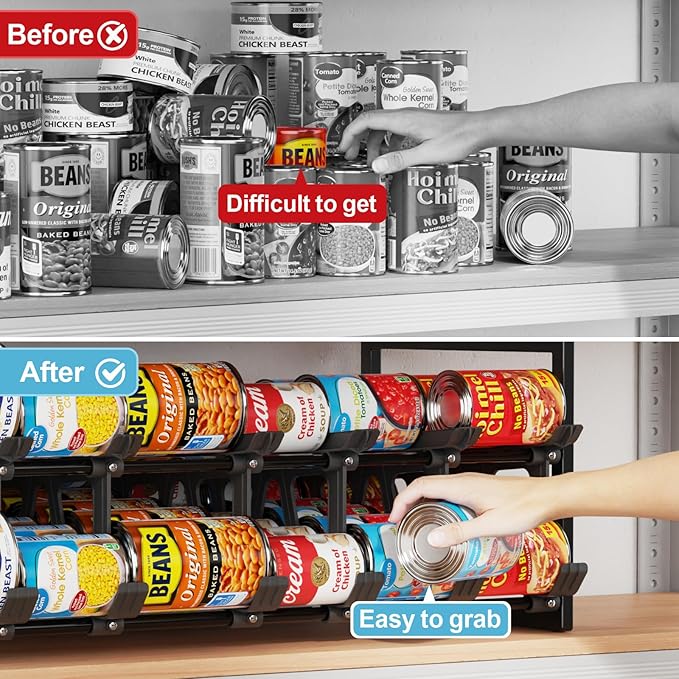 iSPECLE Expandable Can Organizer for Pantry, Large Capacity 60 Cans Can Storage Organizer Pantry Rack, Auto Rolling Dispenser & Stackable Metal Wire Holder for Deep Pantry Shelves, Black