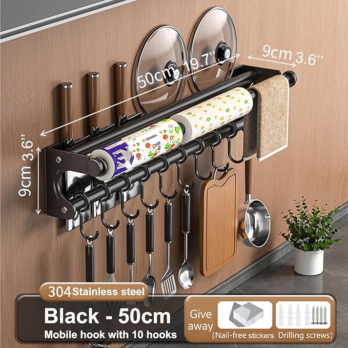 Hanging Wall Mount Knife Wall Mount,Kitchen Utensil Hanger,Space-Saving Kitchen Utensil Rack with Hooks,Kitchen Storage Shelf for Utensils Spatula Spoon, Easy to Clean (Black, 50CM+10Hook)
