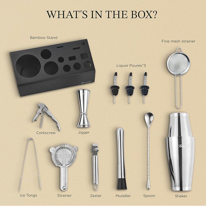 KITESSENSU Boston Shaker Set Mixology Bartender Kit | Premium Cocktail Shaker Kit with Stand Professional Home Bar Tools Accessories: Martini Shaker, Citrus Tools, Fine Mesh Strainers, Muddler, Jigger