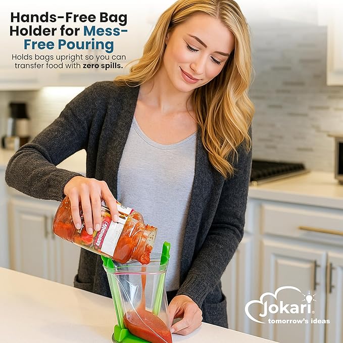 Jokari Adjustable Baggy Rack Stand 4-Pack, Hands-Free Freezer Bag Holder for Gallon, Quart and Sandwich Size Storage Bags, Ideal for Pouring Leftovers, Meal Prep, and Drying Washed Bags
