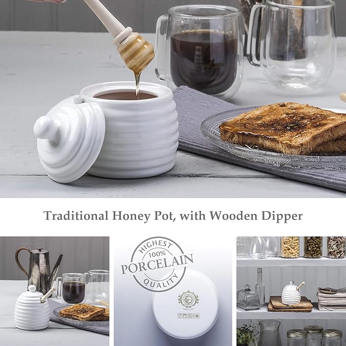 Traditional Porcelain Honey Pot Jar with Beech Wood Drizzler, Dipper – Honey Bee Hive Shaped Storage Pot with Lid, Perfect for Honey and Maple Syrup, 11cm – White