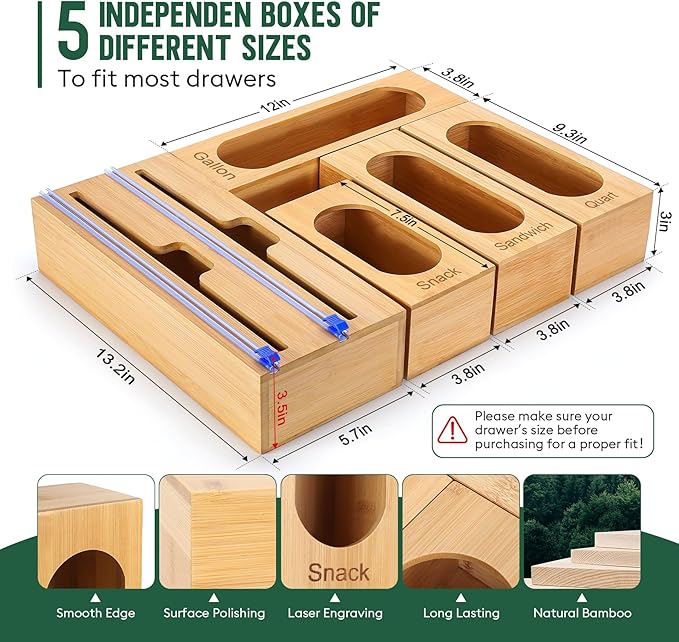 Individual Storage Bag Organizer for Kitchen Drawer, Bamboo with Foil and Plastic Wrap Organizer for Kitchen Organizers and Storage, for Gallon, Quart, Sandwich, Snack