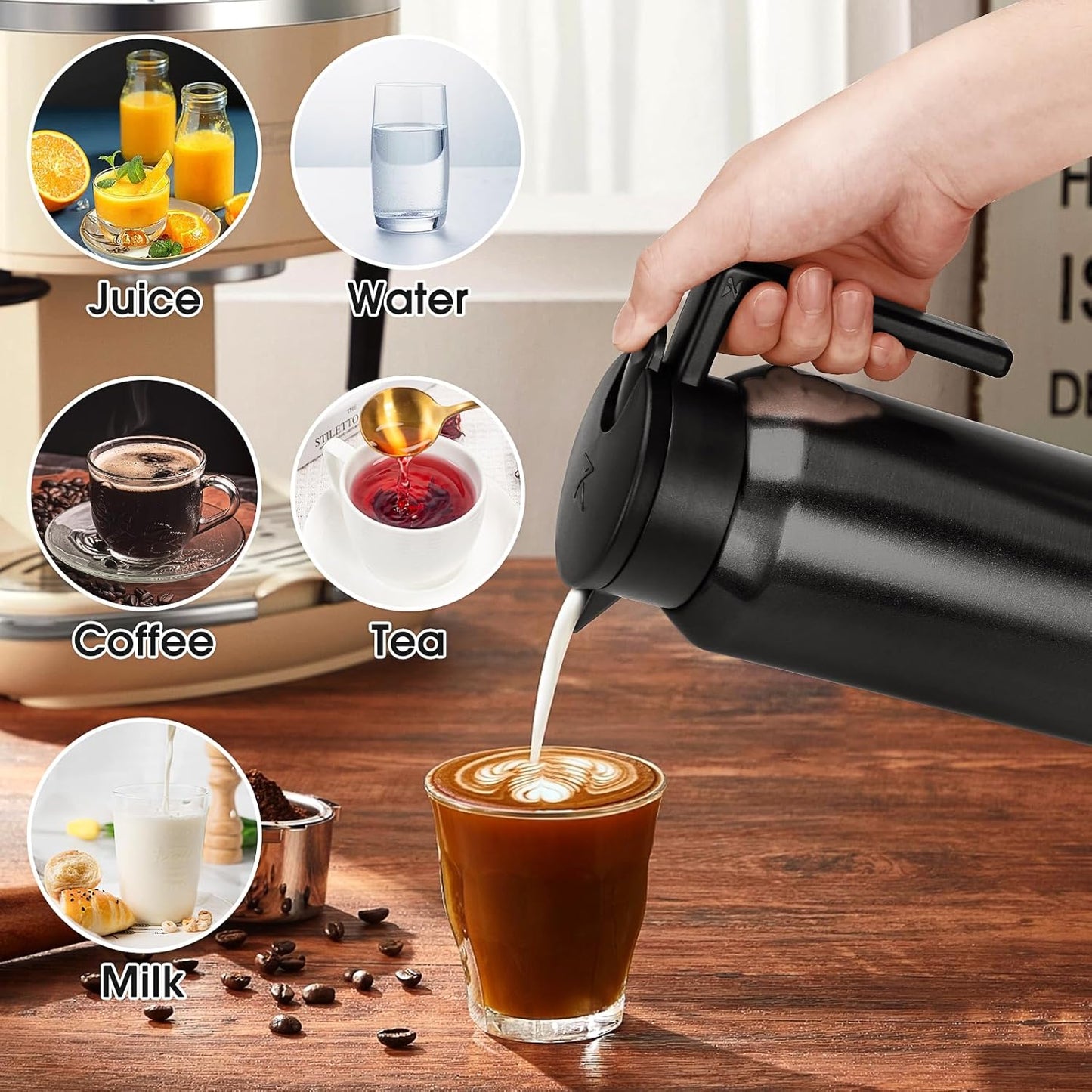ShineMe Thermal Coffee Carafe, 40oz(1.2L) Stainless Steel Coffee Carafe for Keeping Hot Liquids, Travel Size Insulated Thermal Carafes for Coffee, Tea, Water, Beverage Dispenser(Black)