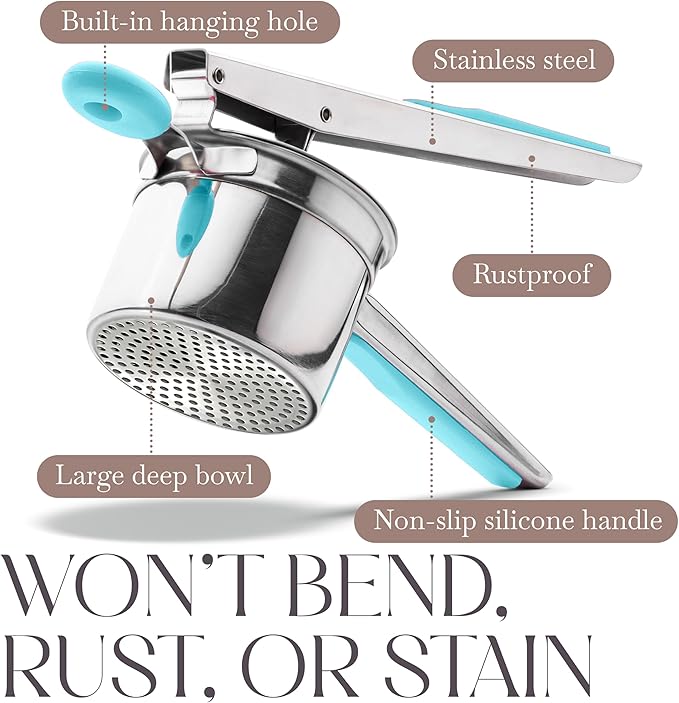 Bellemain 15 oz Large Potato Ricer | Heavy-Duty Stainless Steel Potato Ricer & Masher | Perfect for Mashed Potatoes | Ricer Kitchen Tool with Fixed Disc (Blue)