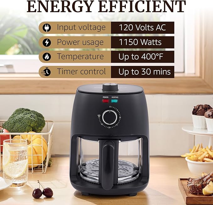 Elite Gourmet Glass Air Fryer, 2.4 Qt Compact Size for 1–2 People, PFAS-Free Ceramic & Glass Basket, Visible Cooking, Adjustable Temp 175–400°F, 1150W, Black