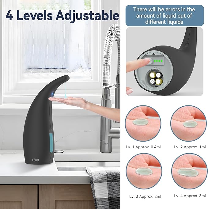 Automatic Soap Dispenser with Infrared Sensor - Adjustable 4-Level Touchless Hand Soap for Kitchen, Bathroom - Battery Operated Electric Dispenser, Durable Plastic, Smart Soap Holder (Black)