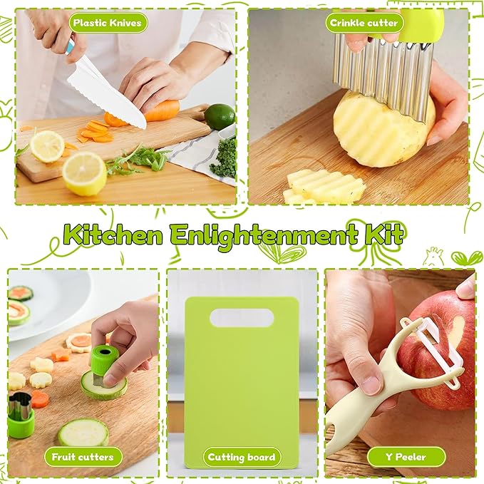 9PCS Montessori Kitchen Tools Cookware Baking Toy, Kids Knife Set for Real Cooking with Cutting Boards, Crinkle Cutte, Y Peeler, Serrated Edges Plastic Toddler Knife Kid Safe Knives