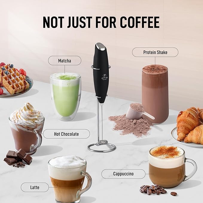 Zulay Premium Gift Milk Frother Set – Handheld Coffee Frother with Stand, 12oz/350ml Frothing Pitcher + 4 Latte Art Stencils – 13,000 RPM Motor, SS Whisk, Battery Operated – Barista Kit (Black)