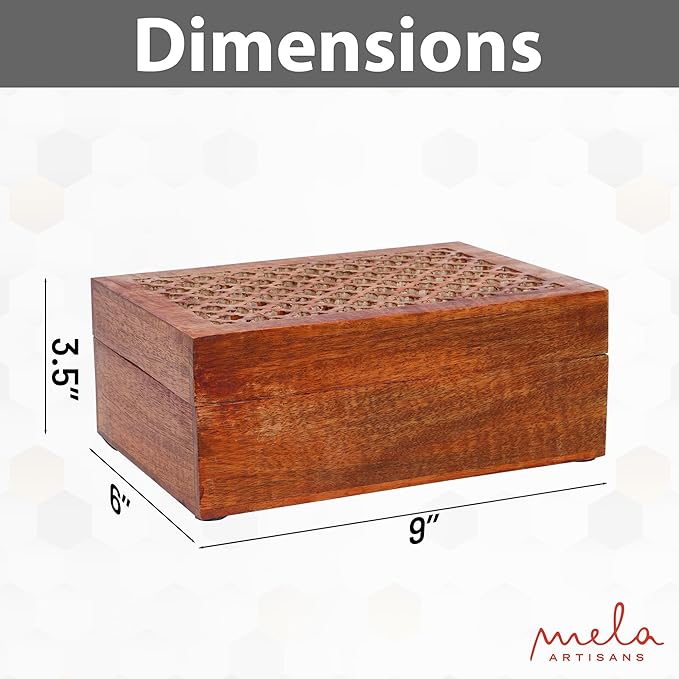 Mela Artisans Trellis Mango Wood Decorative Storage Box – Hand-Carved Wooden Jewelry Box for Keepsakes, Accessories & Home Decor – Medium Burnt, Large, 9 x 6 x 3.5