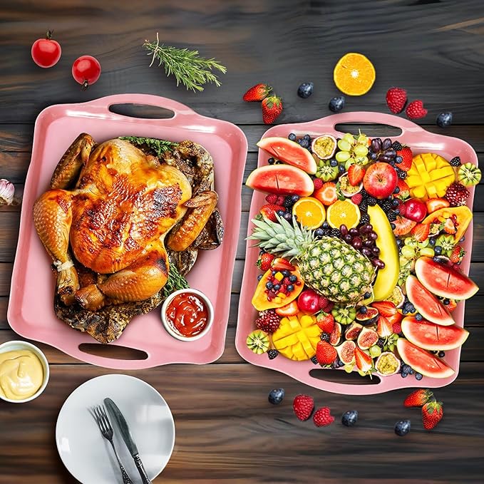 LEHAHA Large Non Slip Serving Tray with Handles, 17.25 x 12 Inch Melamine Serving Platter with Curved Sides, Dinner Tray for Lunch, Coffee, or Breakfast, 4pcs Set, Silicone placemats Included,Pink