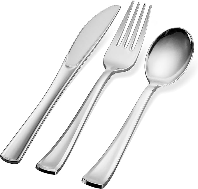 600 Plastic Silverware Set - Plastic Cutlery Set - Disposable - Flatware Set - 200 Forks - 200 Spoons - 200 Knives - Heavy Duty - Party Bulk - Silver