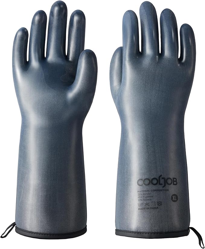 COOLJOB Heat Resistant Oven Gloves, Waterproof Liquid Silicone BBQ Grilling Gloves for Barbecue, Kitchen Cleaning, Baking, Food Contact, Black, XL
