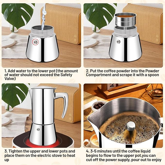 No Coating 2 Cup Thickened 304 Stainless Steel Moka Pot Stovetop Espresso Maker Italian Coffee Machine 100ml 3.3oz Suitable for Gas Induction Stovetop Greca Coffee Maker Percolator