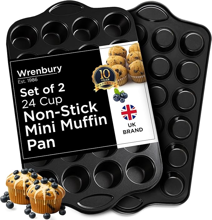 Wrenbury Mini Muffin Pan Non Toxic Set of 2 - Non Stick 24 Cup Small Cupcake Tray for Baking Joyful Bites - Dishwasher Friendly - Health Conscious Baking - 1.8" Cup