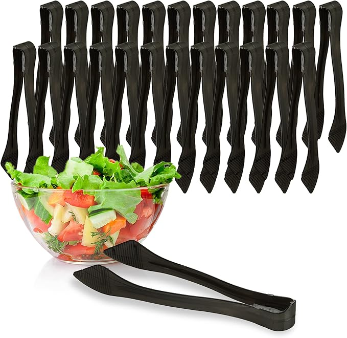 PARTY BARGAINS 8.5 Inches Plastic Serving Tongs, 24 Pack, Premium Quality & Heavy-Duty Black Plastic Tongs for BBQ, Salads, Grilling, Buffets, & Kitchen